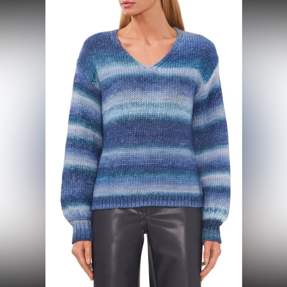 Halogen Sweaters - Halogen Knit Sweater Womens Small Striped Blue V Neck Long Sleeve Pullover Relax